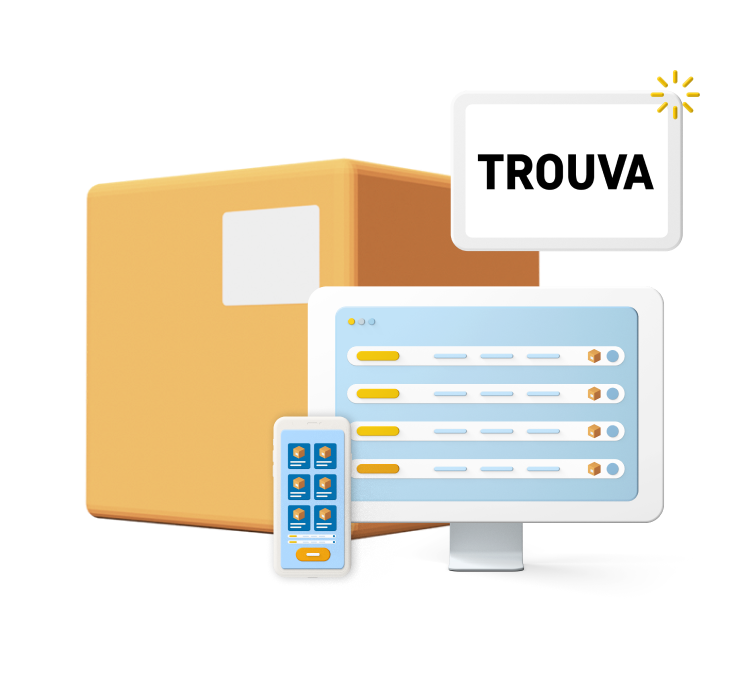 Trouva Logo on parcel and laptop graphic