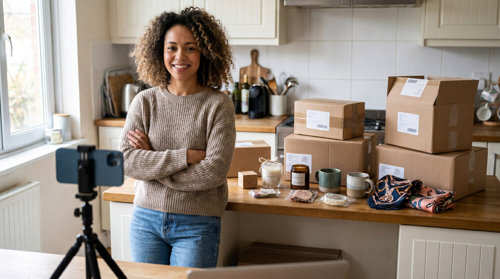 Woman in kitchen with jewellery on counter