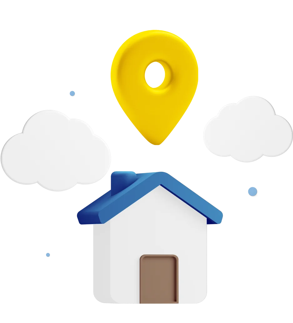 Animated house with location icon and clouds in the background