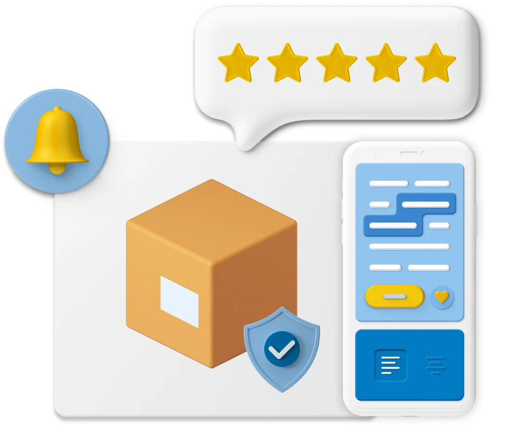Animated box with 5 star review in speech bubble and notification icon