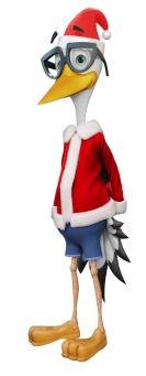 Sven the stork with in a Santa outfit