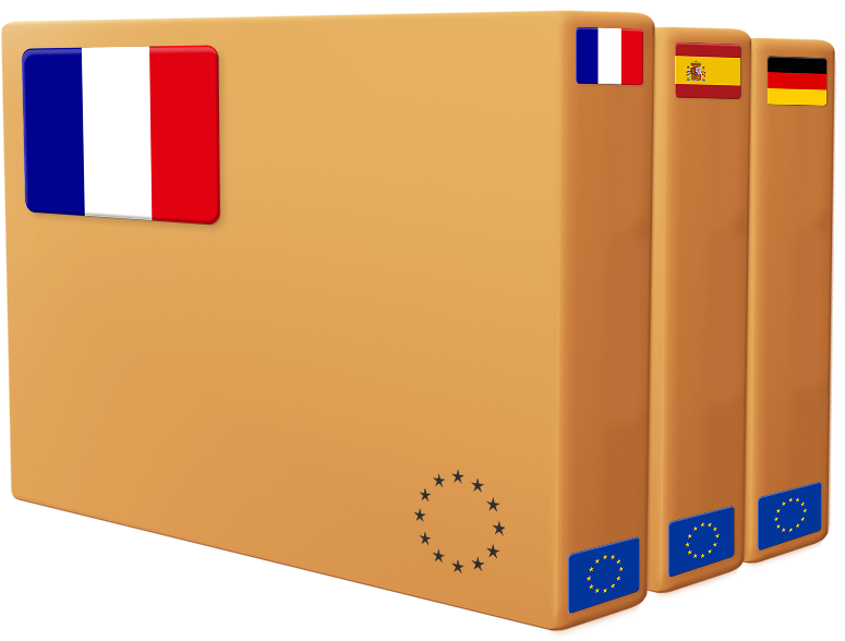Stack of 3 parcel boxes with EU country flags labelled