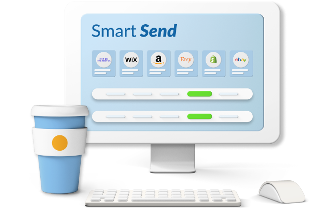 Animated computer screen with Smart Send and marketplace logos on