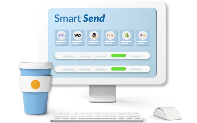 Animated computer screen with Smart Send and marketplace logos on