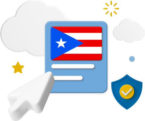 Puerto Rico flag on web page surrounded by clouds and a badge graphic.