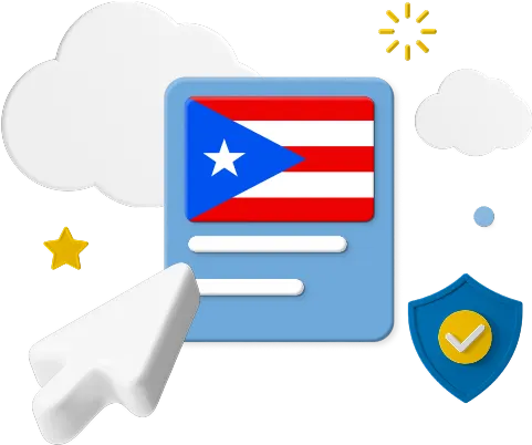 Puerto Rico flag on web page surrounded by clouds and a badge graphic.