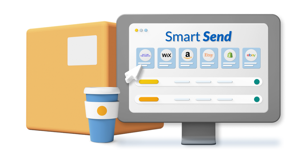 Animated cardboard box and monitor, on which is says 'Smart Send' and has marketplace logos including Amazon and eBay