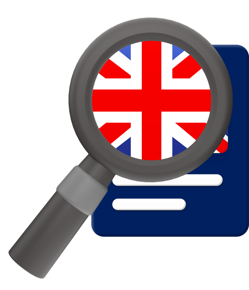 magnifying glass over GB flag graphic.