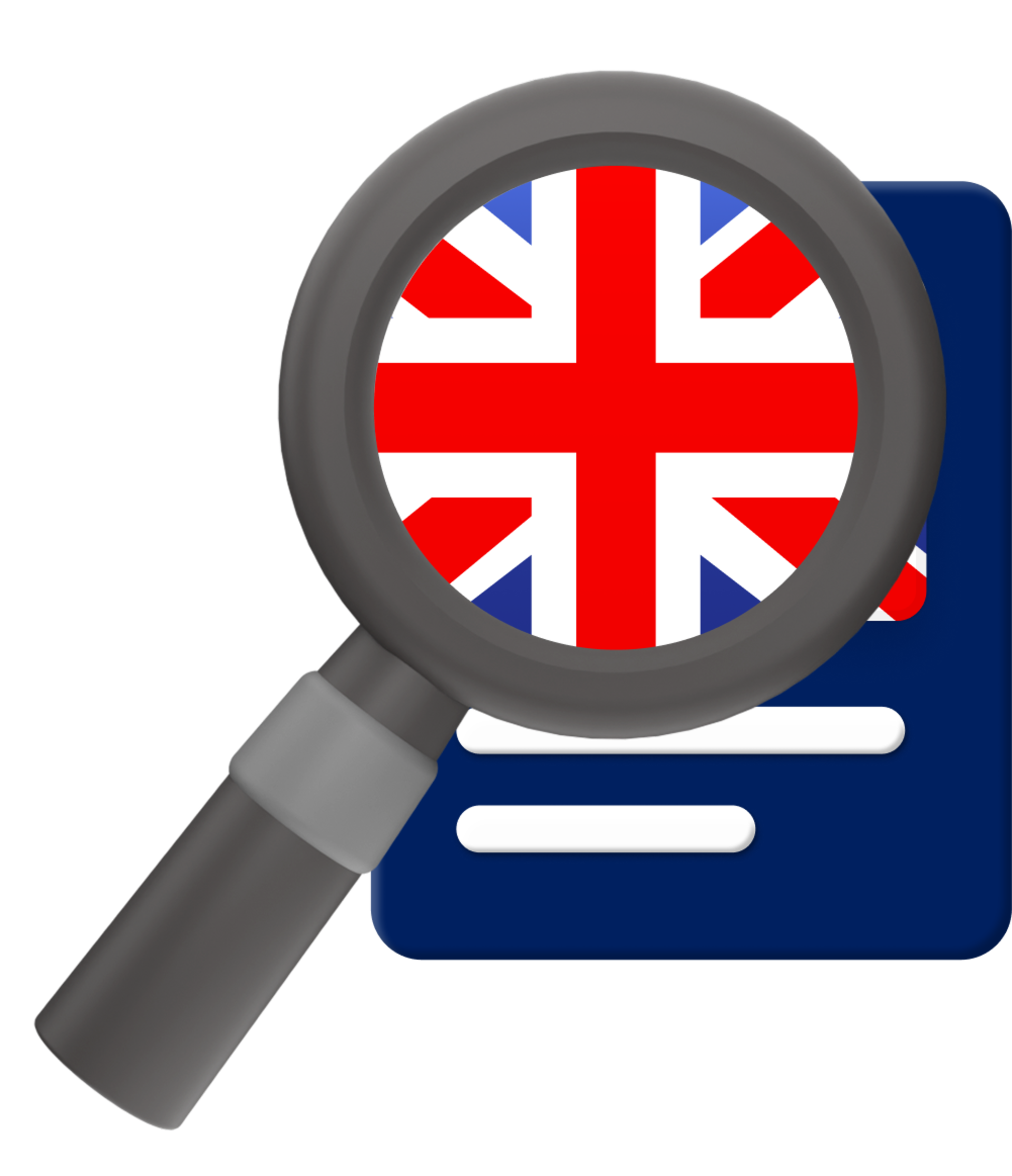 magnifying glass over GB flag graphic.