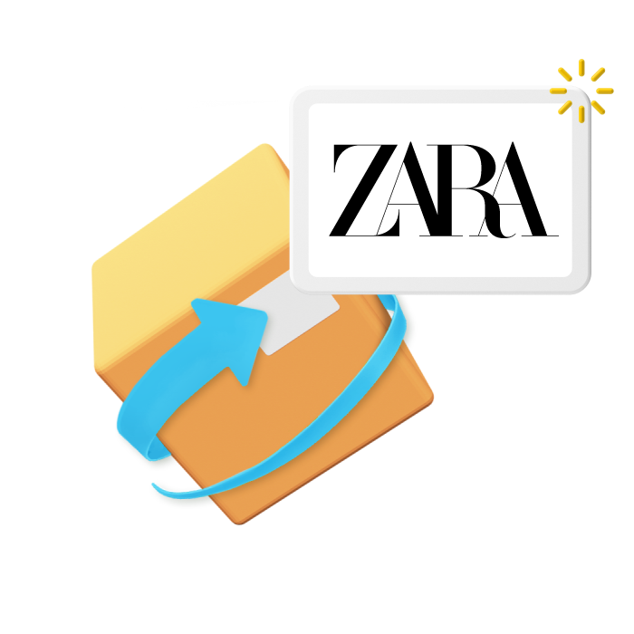 Animated box with blue arrow and Zara logo in top right corner