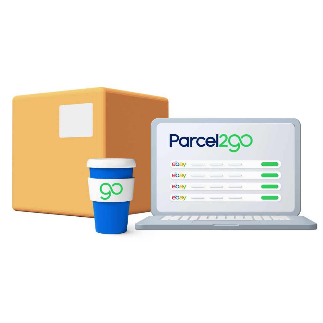 Animated box and laptop screen displaying Parcel2Go and eBay logos