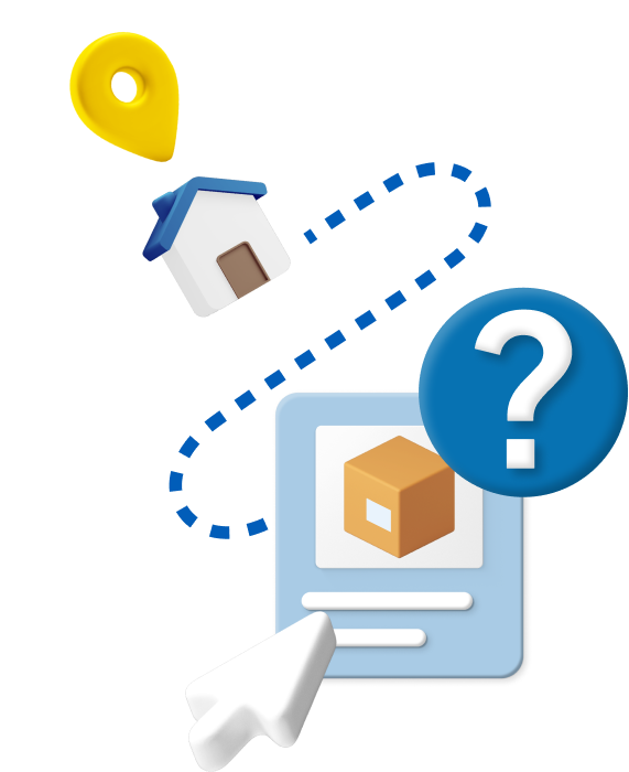 Box with cursor icon and question mark logo with a dotted line leading to a small animated house