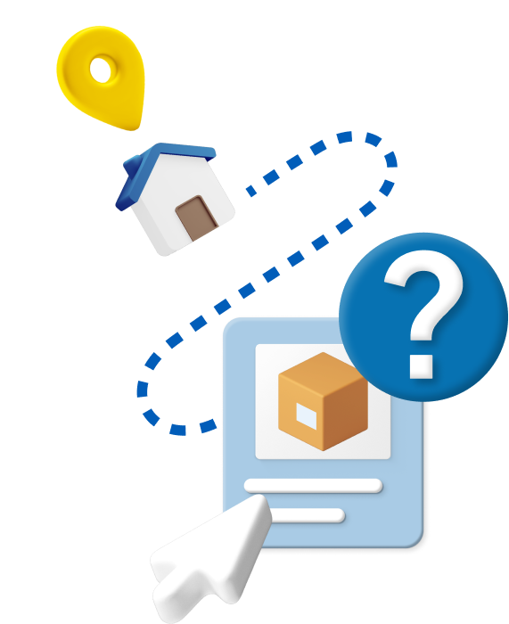Box with cursor icon and question mark logo with a dotted line leading to a small animated house
