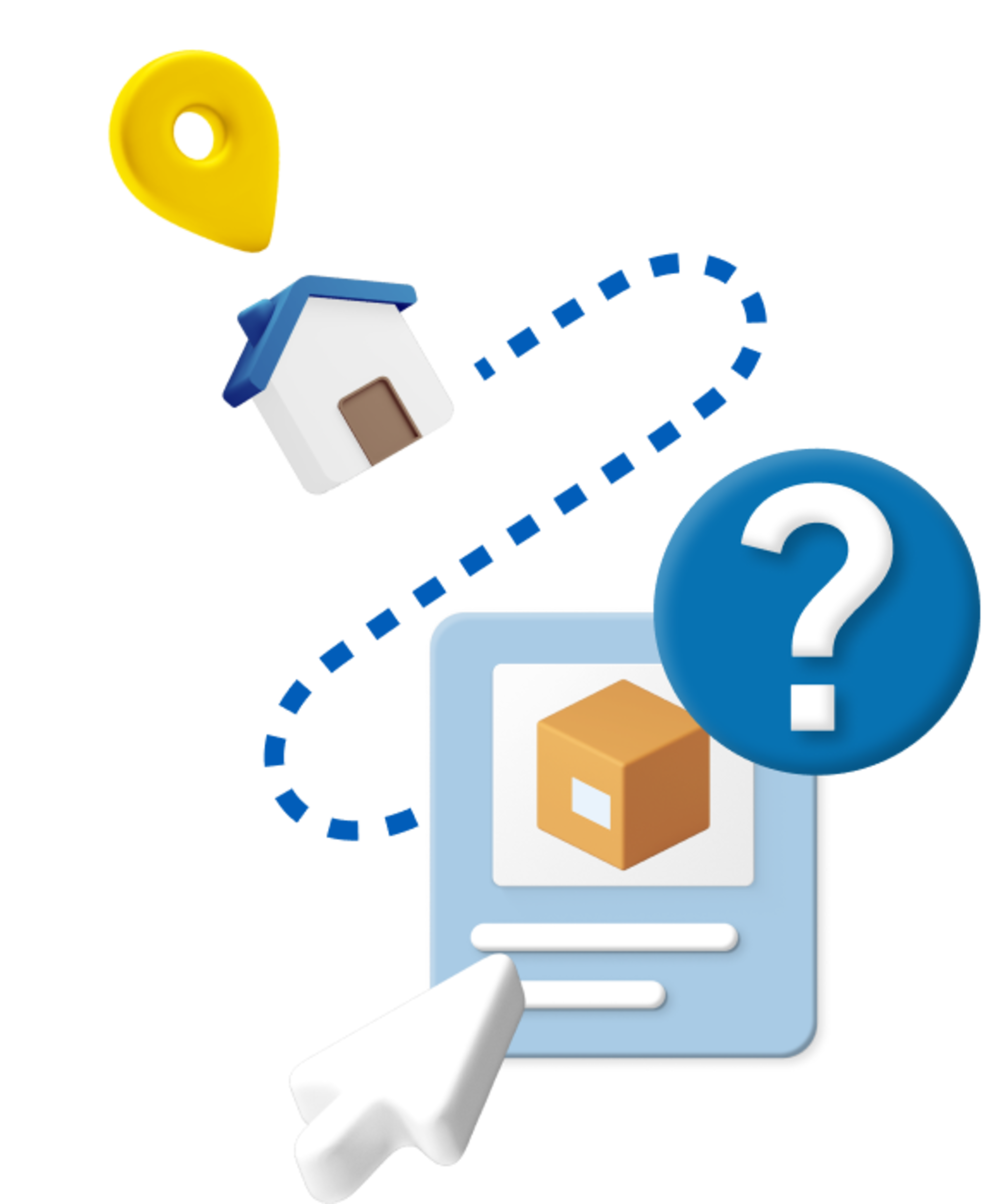 Box with cursor icon and question mark logo with a dotted line leading to a small animated house