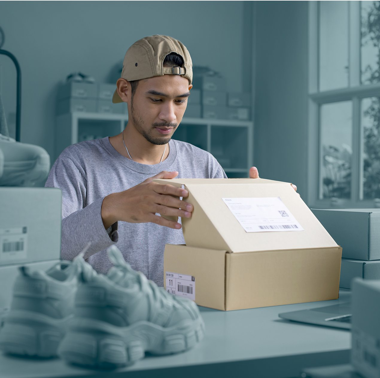 Man opening parcel at home with shoes on the desk