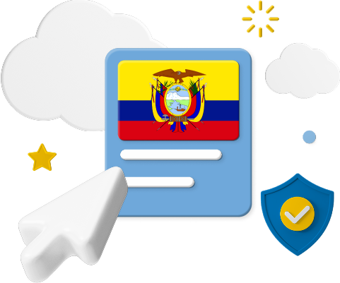 Ecuador flag on web page surrounded by clouds and a badge graphic.