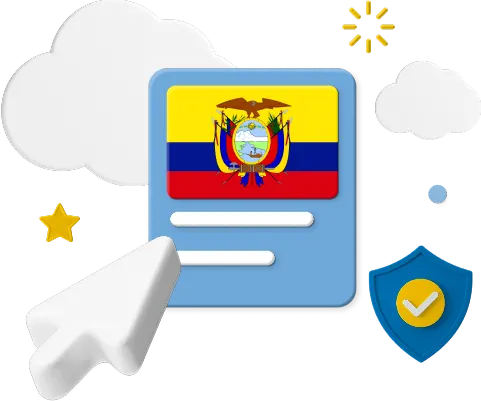 Ecuador flag on web page surrounded by clouds and a badge graphic.