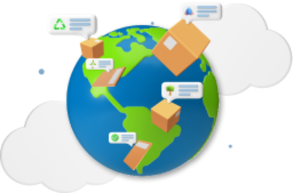 Globe illustration with parcels and clouds in the backgroud