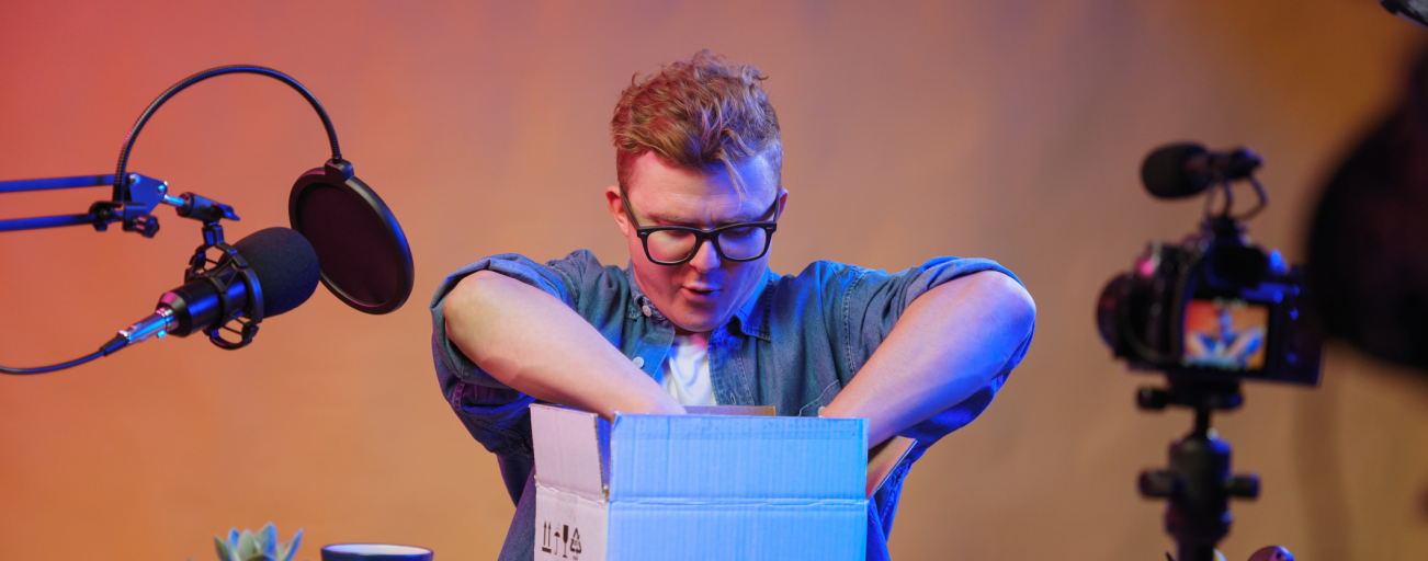 Person opening parcel on camera