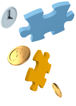 Jigsaw piece, coins and clock