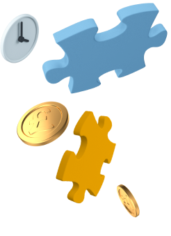 Jigsaw piece, coins and clock