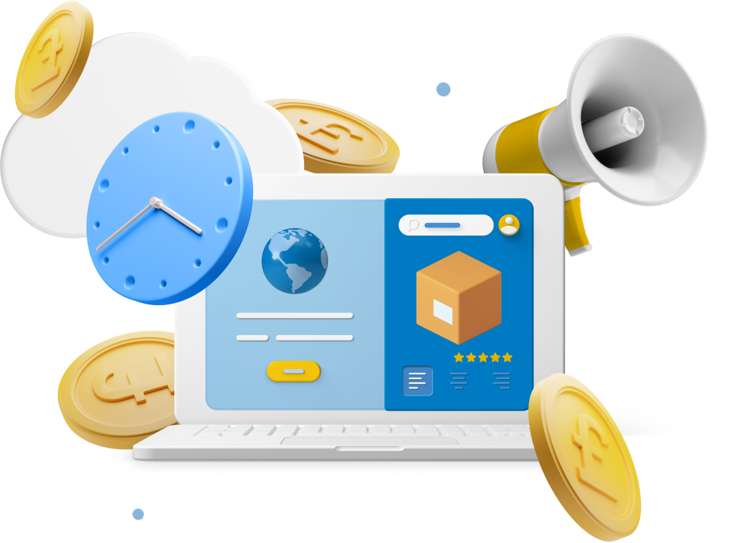 Animated laptop with clock, coins, and megaphone icons