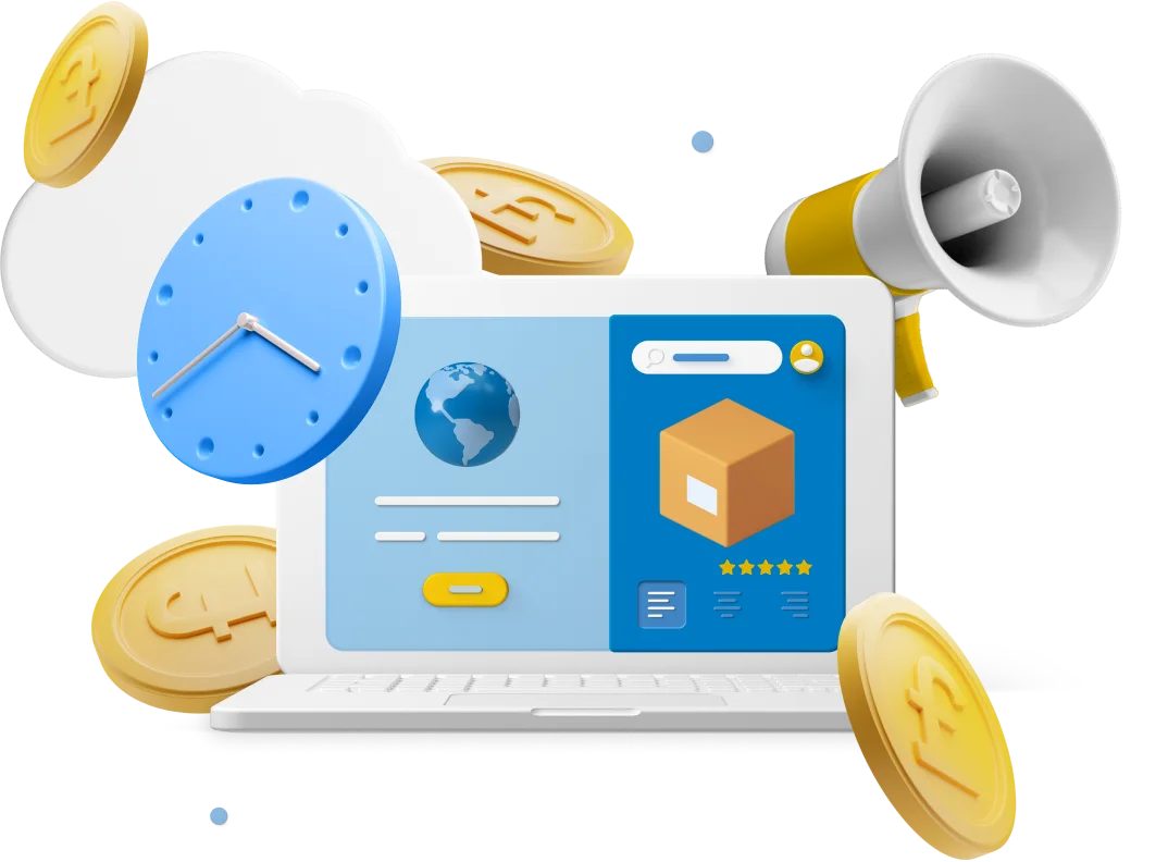 Animated laptop with clock, coins, and megaphone icons