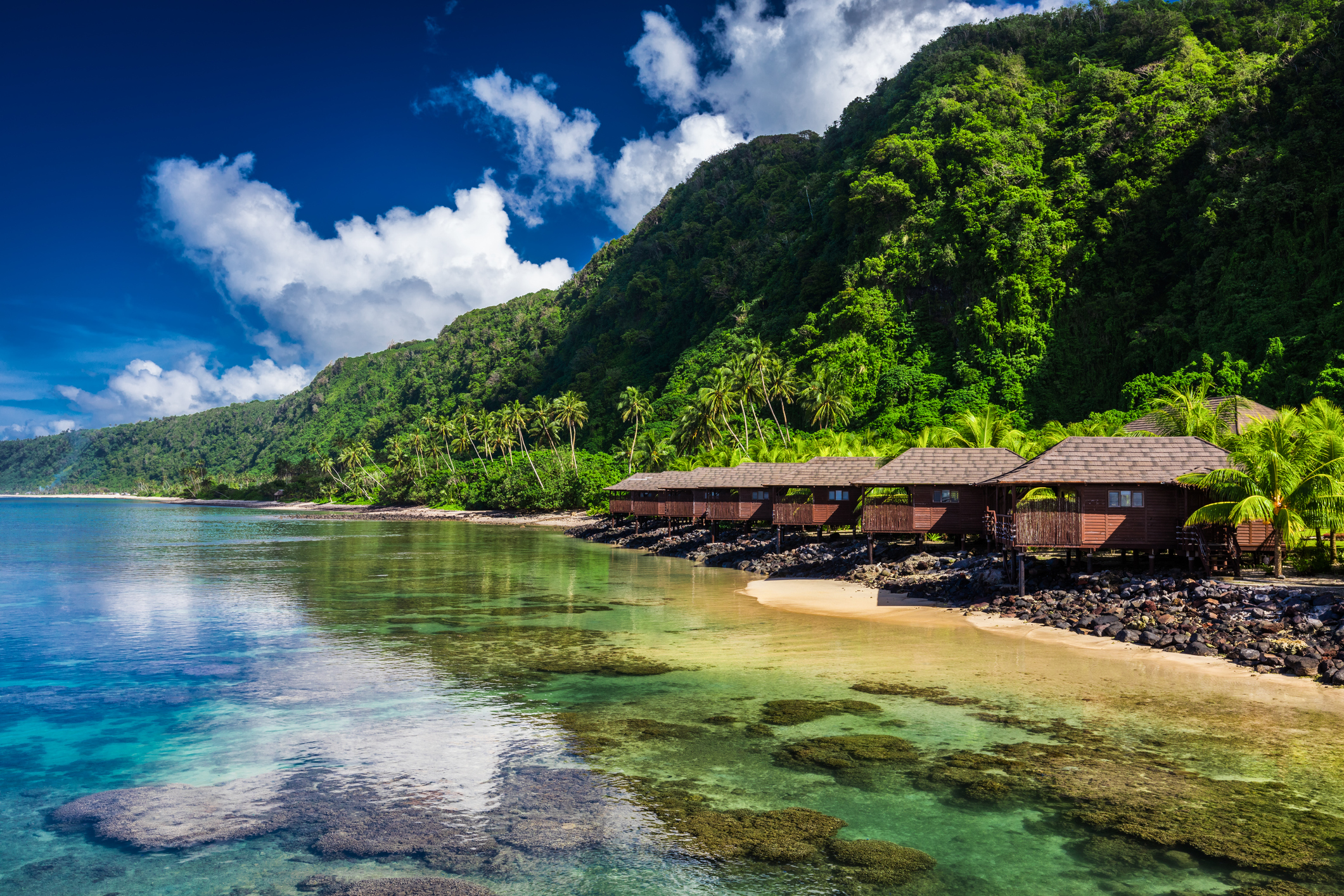 Huts on the beach in Samoa, surrounded by palm trees