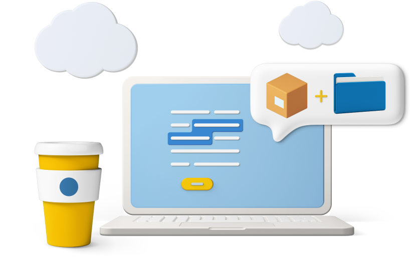 Laptop with coffee cup and speech bubble