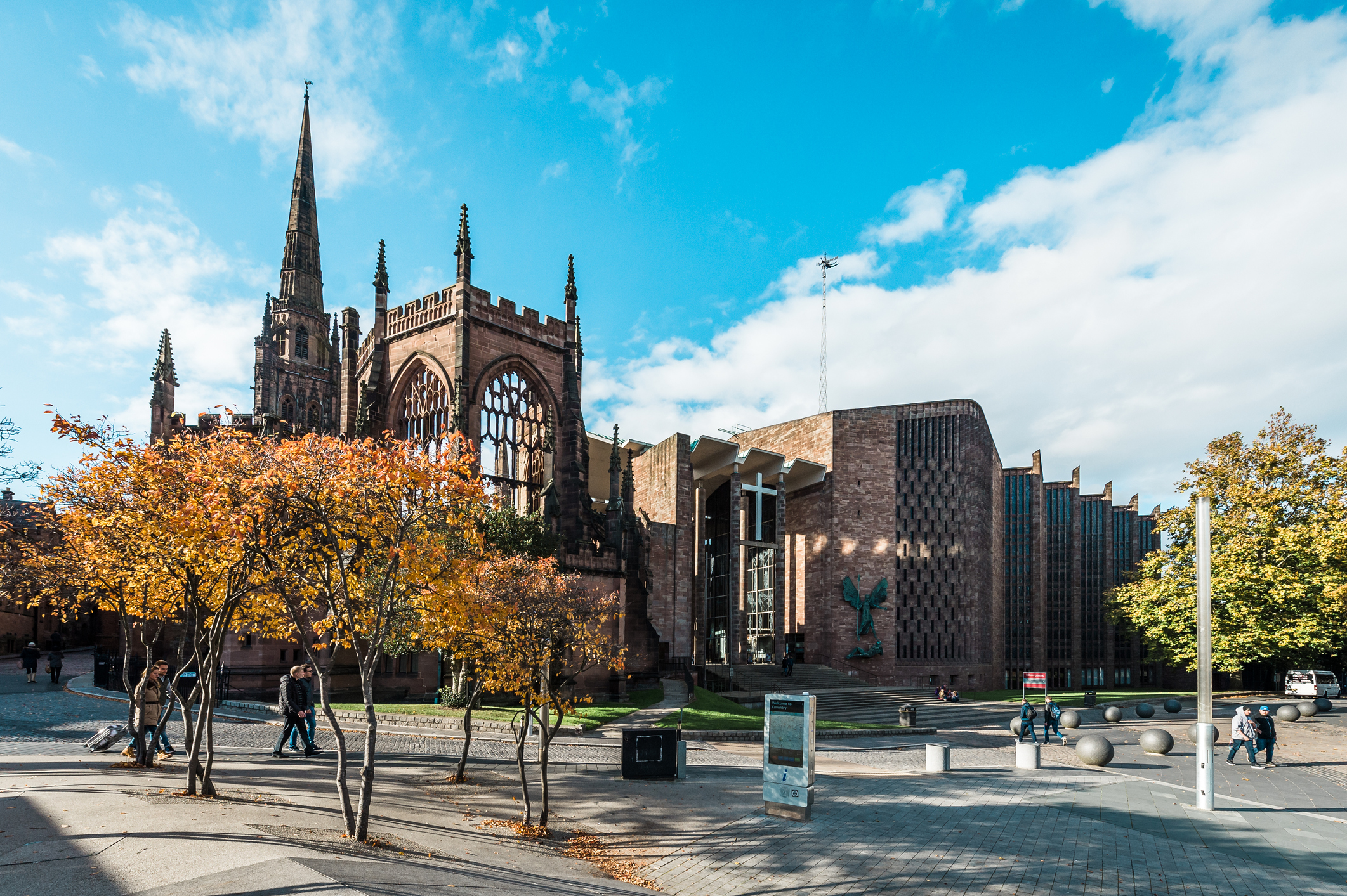 Cathedral in Coventry with a blue sky