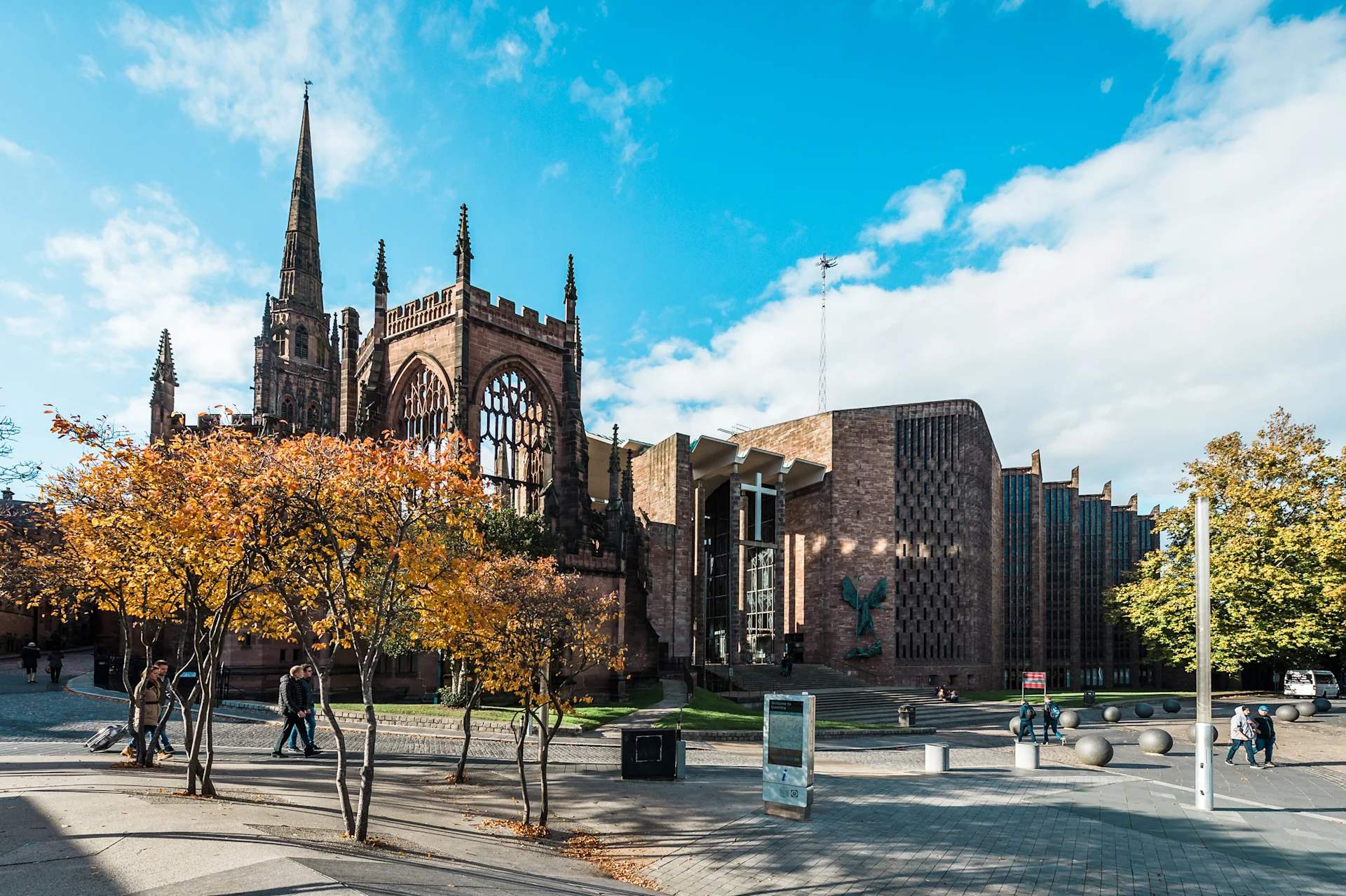 Cathedral in Coventry with a blue sky
