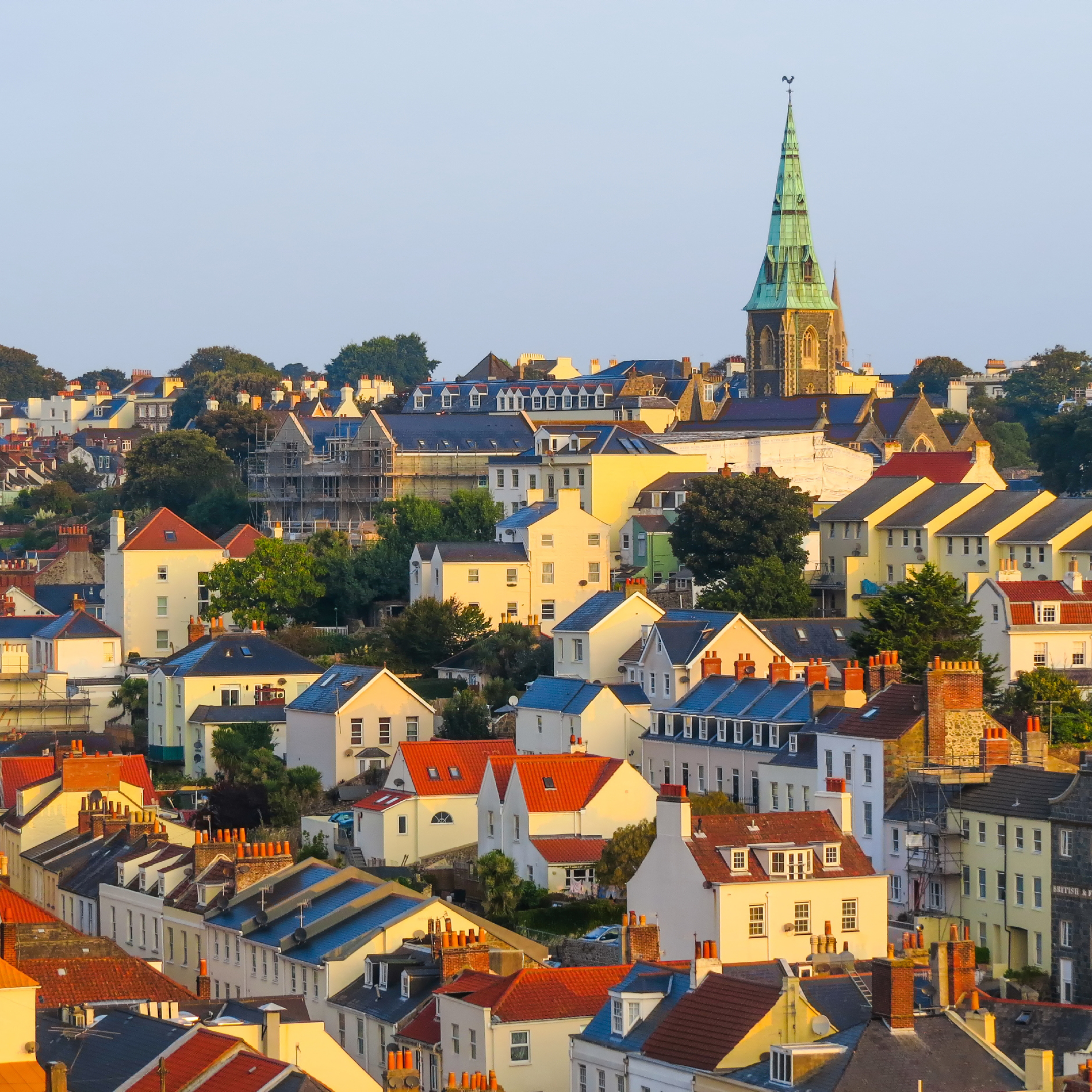 Skyline view of Guernsey at sunset
