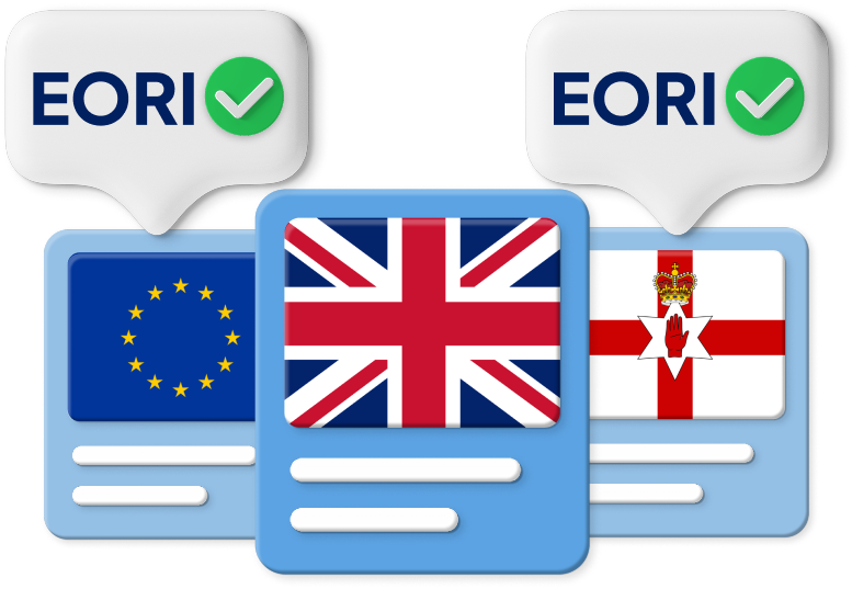Illustration of EORI (Economic Operators Registration and Identification) compliance, featuring flags of the European Union, United Kingdom, and Northern Ireland, with green checkmarks indicating valid EORI registration.