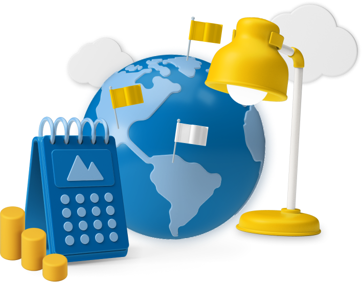 Animated globe with flag icons, lamp and calendar 