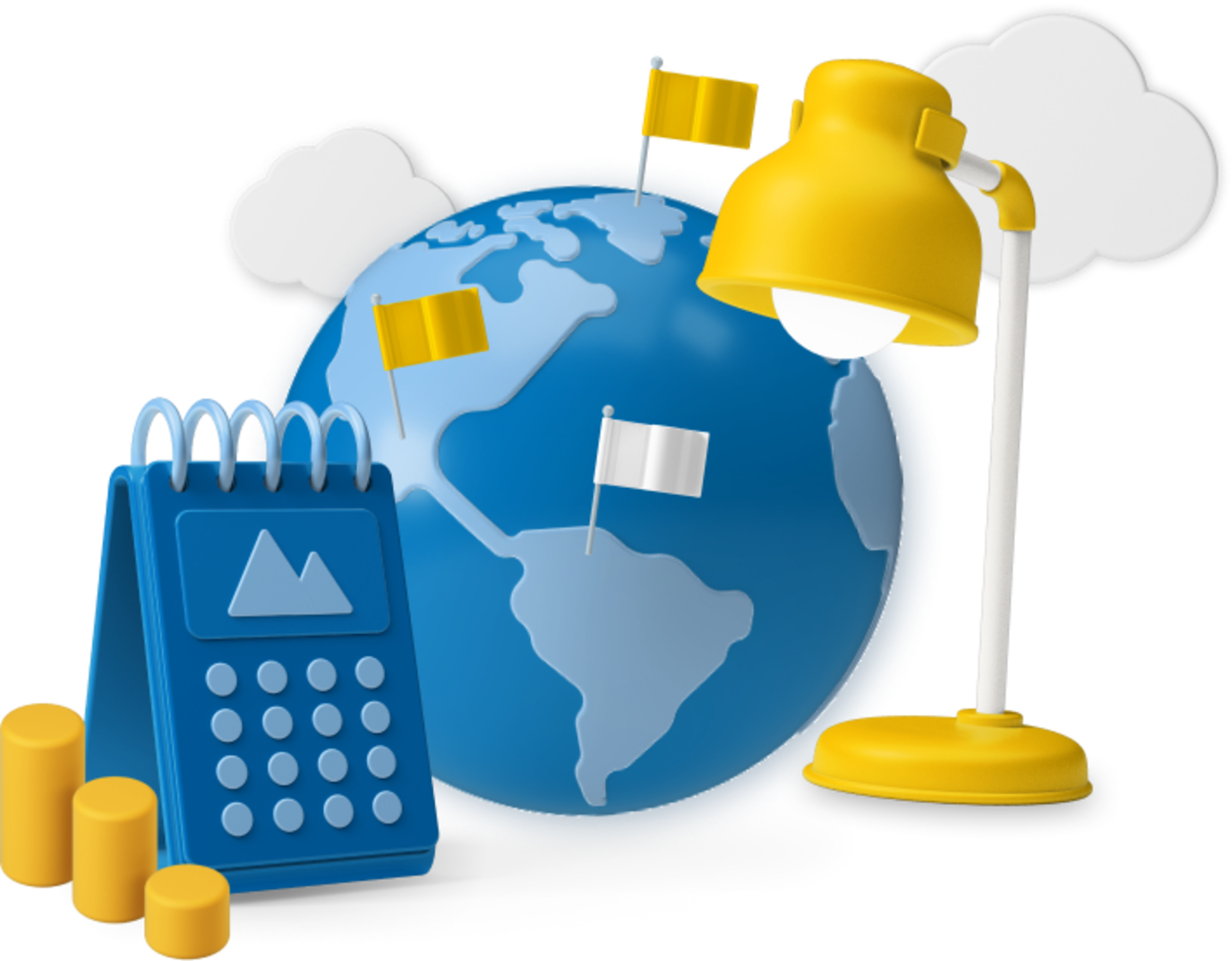 Animated globe with flag icons, lamp and calendar