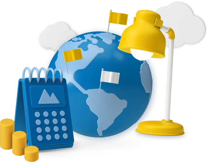 Animated globe with flag icons, lamp and calendar