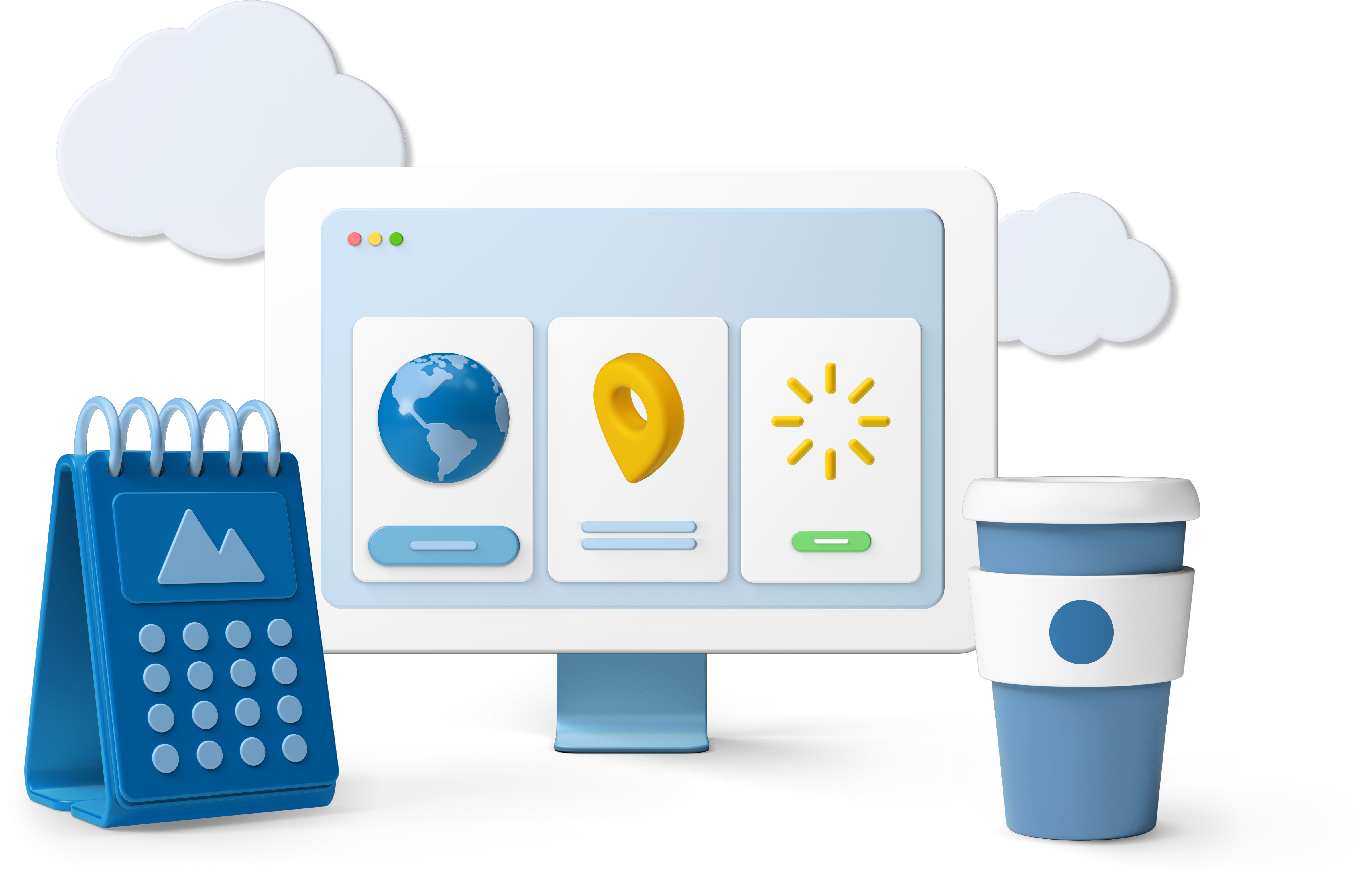 Computer screen with icons, calendar and coffee cup