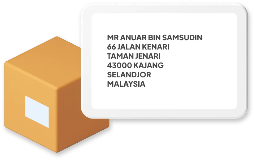Box with example of Malaysian address