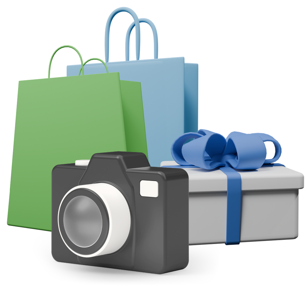 Graphic of camera, gifts and gift bags stacked next to each other.