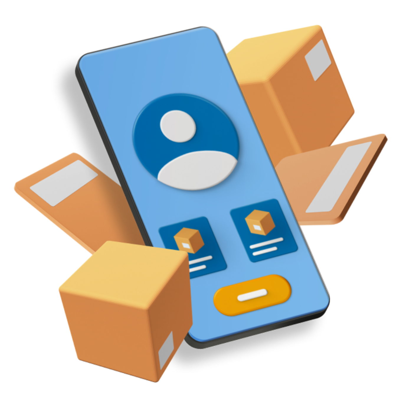 Animated phone surrounded by various sized cardboard boxes