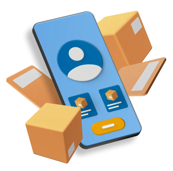 Animated phone surrounded by various sized cardboard boxes