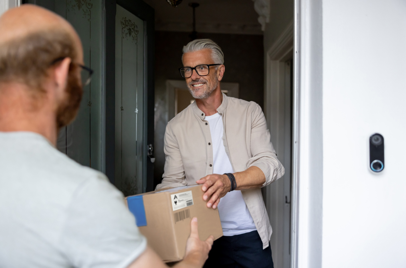 person receiving parcel at front door