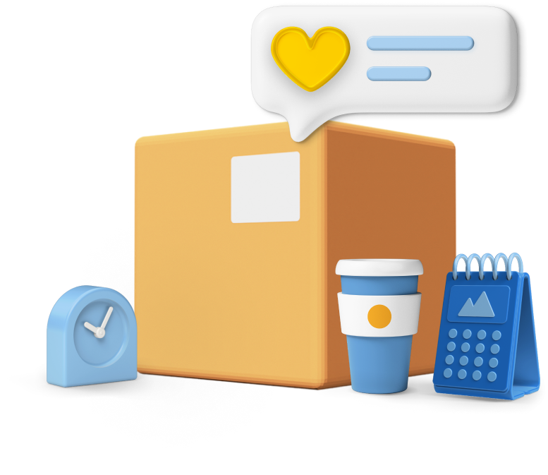 Animated box with coffee cup, calendar, and clock