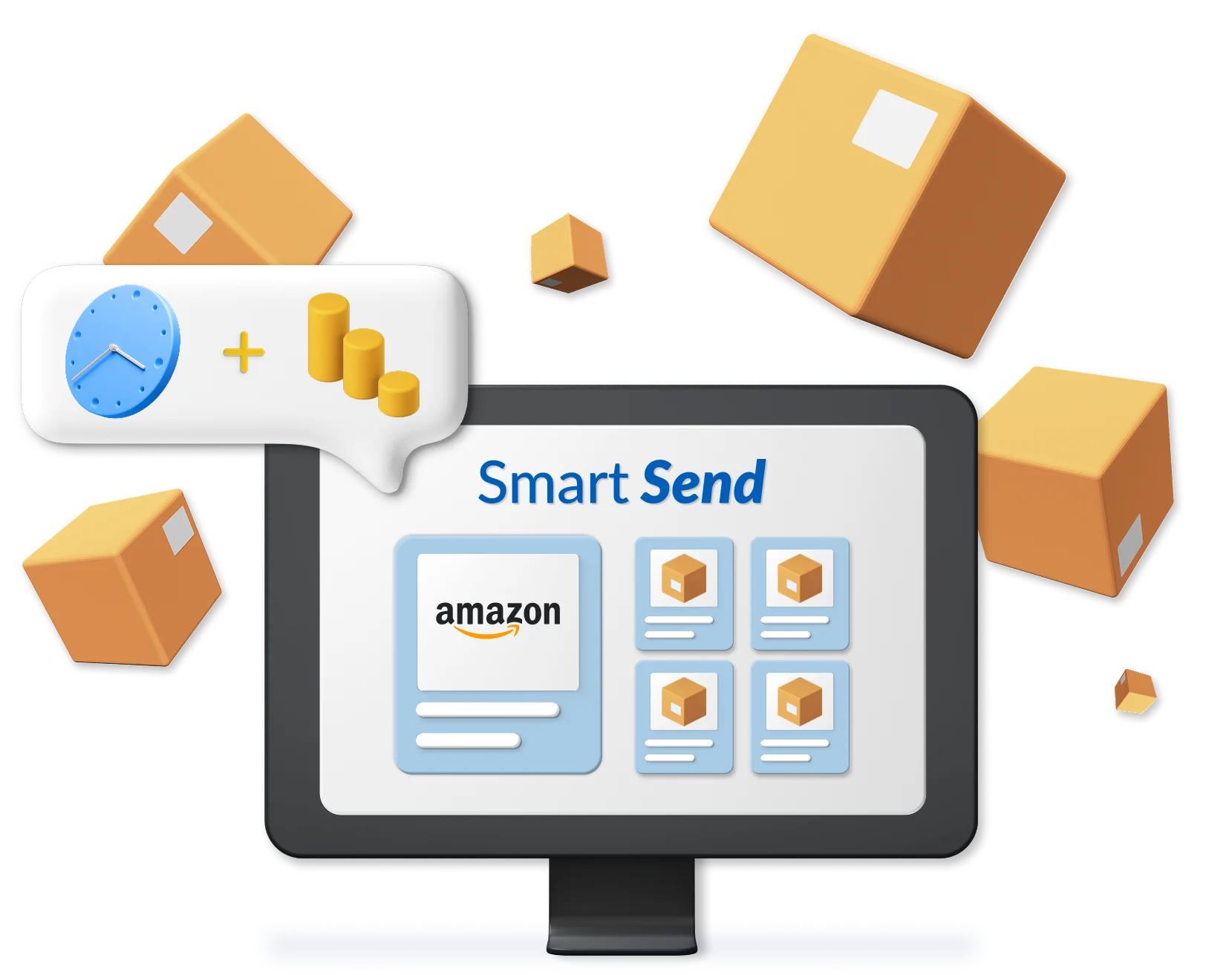 Computer monitor displaying Amazon logo and surrounded by animated boxes
