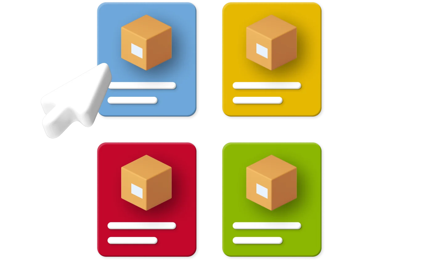 4 boxes in blue, red, yellow and green squares with cursor icon