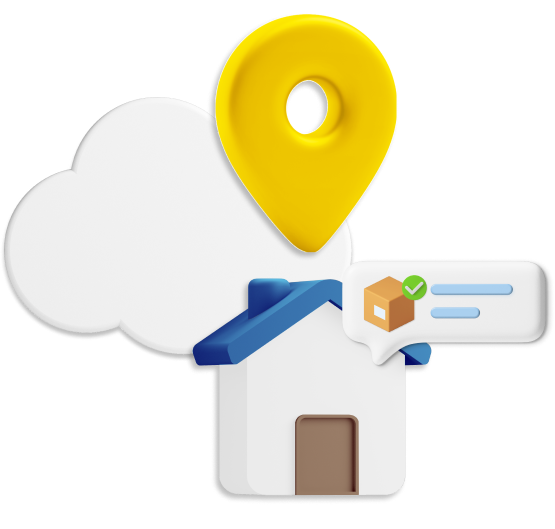 Animated house with yellow location pin and speech bubble containing a parcel graphic