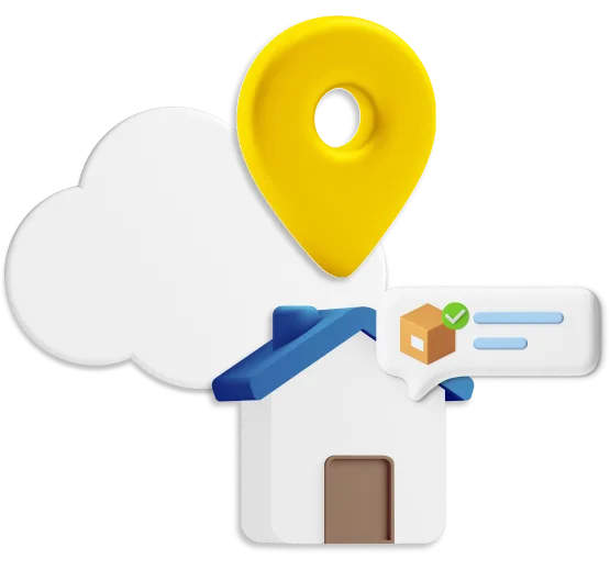 Animated house with yellow location pin and speech bubble containing a parcel graphic