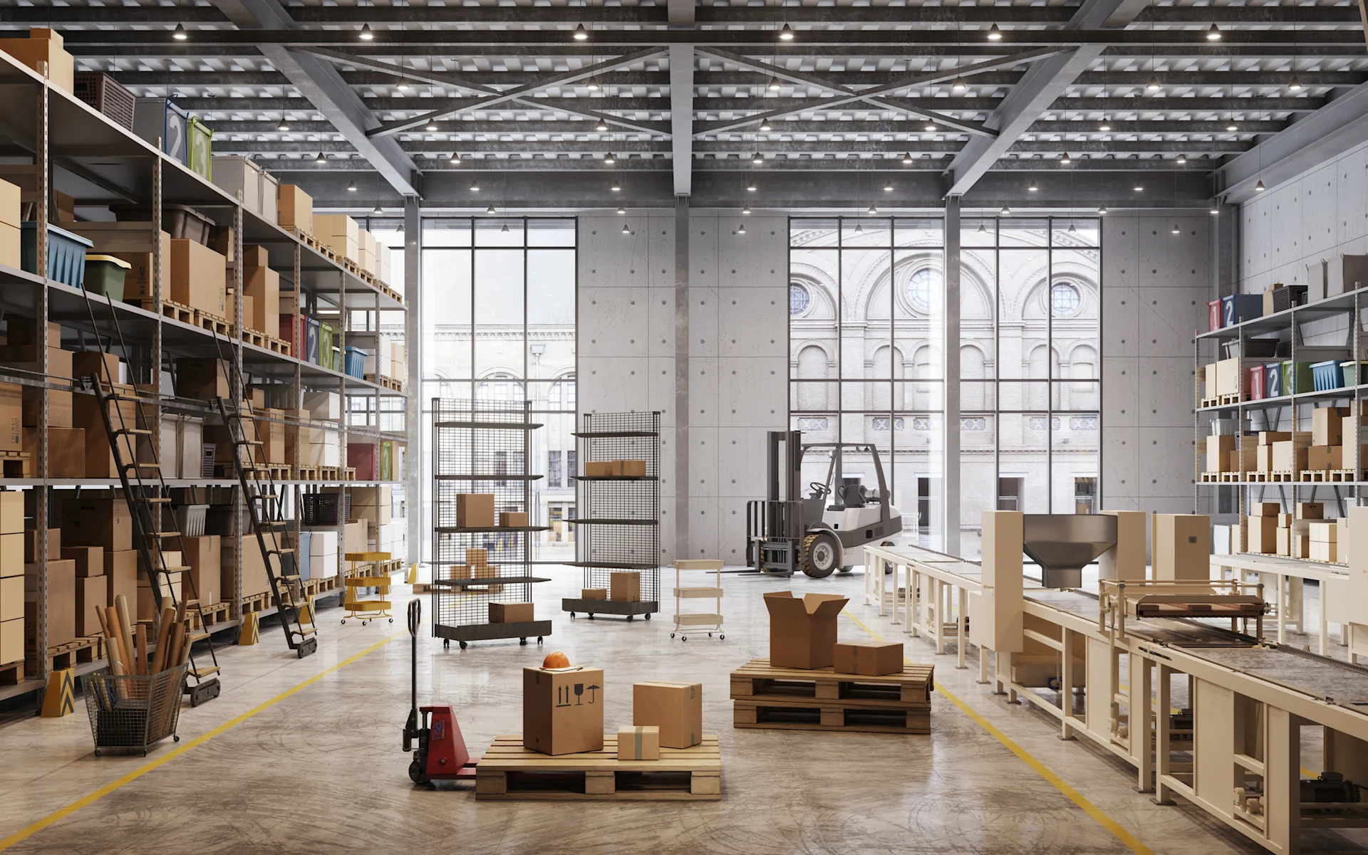 Large room with large windows, filled with metal shelves and parcel boxes.