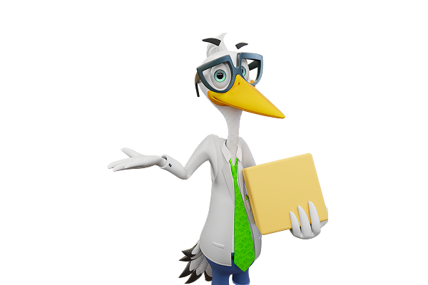 Sven the Stork shrugging and holding a box