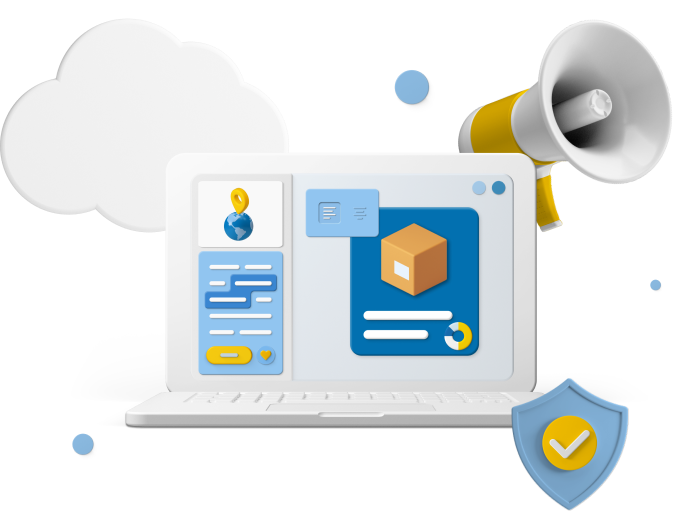 Animated laptop with megaphone and cloud icons